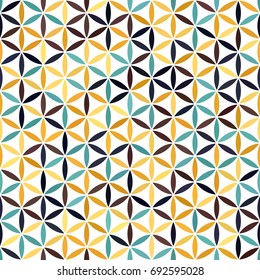 Brown, turquoise blue, beige, yellow gradient flower of life texture on dark brown background. Seamless pattern. Abstract vector overlapping circle ornament illustration.