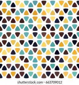 Brown, turquoise blue, orange, beige, yellow polka dot seamless pattern on white background. Round triangle flower texture. Abstract vector, greeting cards.