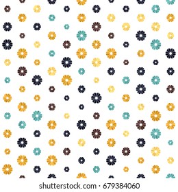 Brown, turquoise blue, orange, beige, yellow gradient spot flower seamless pattern on white. Round triangle abstract floral geometric ornament for prints, textile, fabric, package, cover, bed linen