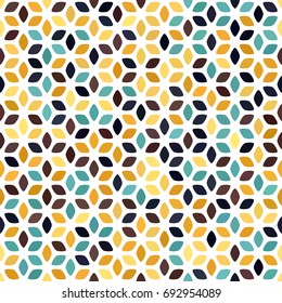 Brown, turquoise blue, yellow spot seamless pattern on white. Round diamond flower background. Abstract floral geometric texture for prints, textile, wrapping, fabric, package, cover, greeting card