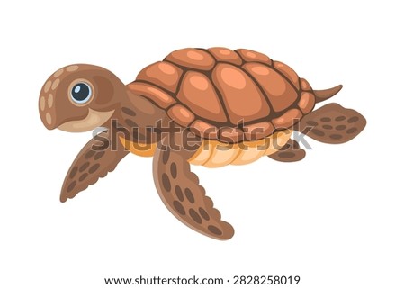 Brown turtle sea underwater aquatic animal cartoon character. Ocean aquatic creature cute personage, sea water wildlife funny isolated vector character. Coral reef aquatic animal cheerful mascot