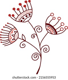 Una ramita marrón con flores y hojas. Archivo vector.