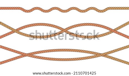 Brown twisted and curved rope set. Realistic jute cords marine navy cord border, marine sailor string. Flat vector illustration isolated on white background.