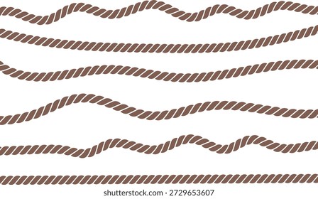 Braune verdrillte Seillinien, die wellenförmige Muster bilden. Nautischer Kordelvektor, rein, einzeln auf weiß. Ideal für maritime Hintergründe, Grenzakzente und Design-Layouts.