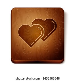 Brown Two Linked Hearts icon isolated on white background. Romantic symbol linked, join, passion and wedding. Valentine day symbol. Wooden square button. Vector Illustration