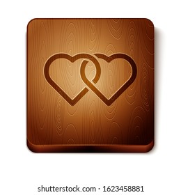 Brown Two Linked Hearts icon isolated on white background. Romantic symbol linked, join, passion and wedding. Valentine day. Wooden square button. Vector Illustration