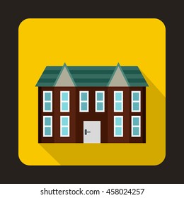 Brown two story house icon in flat style on a yellow background