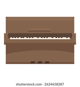 Brown upright piano standing with closed top, classical music instrument for concert halls or home recording studio