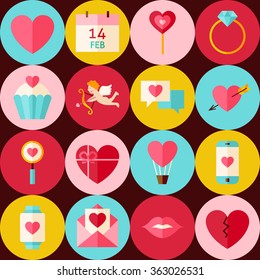 Brown Valentine Day Seamless Pattern with Circles. Love Flat Design Vector Illustration. Background. Set of Wedding Items.