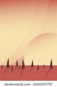 Brown valley landscape illustration poster. Sunset in national Yellowstone park art.