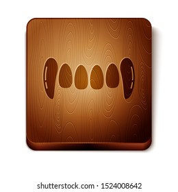 Brown Vampire teeth icon isolated on white background. Happy Halloween party. Wooden square button. Vector Illustration