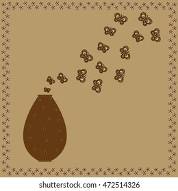 Brown vase with butterflies up on beige background