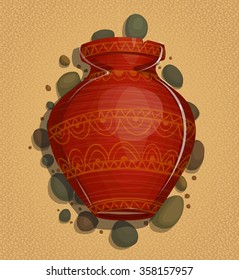 Brown vase with a pattern in the water, view from above, top view