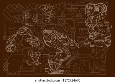 Brown vector background featuring abstract industry or robotics concept. Fantasy technology or factory illustration with decorative robot arm sketch elements. Hand drawn.