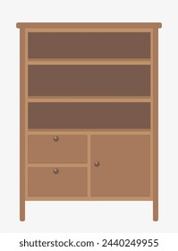 Brown vector bookcase. Piece of furniture. Piece of interior room. 
Classic cabinet for toys, books on a white background. Empty closed.