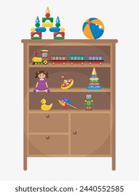 Brown vector bookcase. Piece of furniture. Piece of interior room. 
Classic cabinet with toys, books on a white background. 