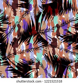 Brown vector camouflages jungle backgrounds. Colorful palm print manly color dark artistic stamps vector on a palm leaves background. 