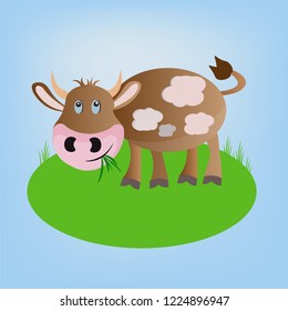 brown vector cartoon cheerful cow animal standing on the field and eating green grass