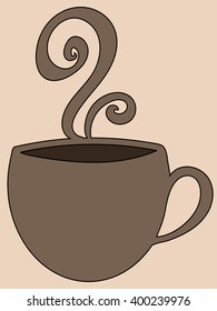 Brown vector cup with coffee, tea or hot chocolate and steam on sandy background. Brown mug with copy space. 