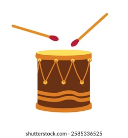 Brown vector drum with drumsticks on a white background. Percussion musical instrument. Children drum for carnival.