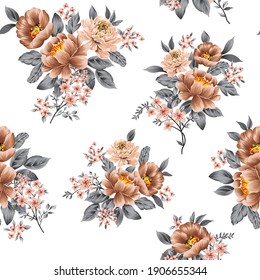 Brown Vector Flowers Bunches With Grey Leaves Pattern Of White