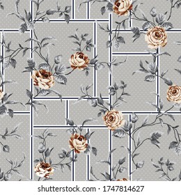 brown vector flowers with grey leaves pattern on retro bandanna grey background