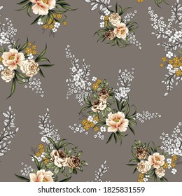 brown vector flowers with leaves pattern on grey background