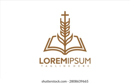 Brown vector graphic illustration of a cross wheat symbol on an open book with Loremipsum text in a simple modern design style