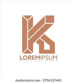 Brown vector graphic illustration of a stylized letter Ks with Loremipsum text and tagline on a white background for logo design purposes with geometric shapes and modern typography elements.