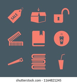 brown vector icons set. with hot coffee, soda, combs and open lock in set