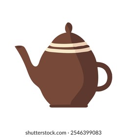 Brown vector illustration of a clay kettle with hot tea or coffee isolated on a white background