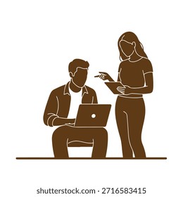 Ilustração em vetor marrom de um homem sentado com um laptop e uma mulher ao seu lado apontando para uma tábua, ambos em silhueta sobre um fundo branco