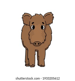 Brown Vector outline cute cartoon boar. Fluffy Animal stands, Front view. Doodle isolated illustration on white background