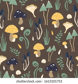 Brown vector pattern with mushrooms in the forest