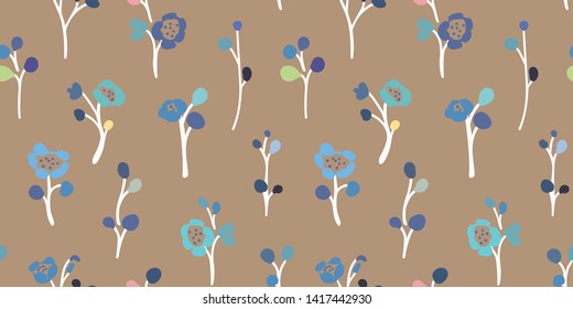 Brown vector repeat pattern with small hand drawn doodle florals. Perfect for paper and textile projects. Surface pattern design.