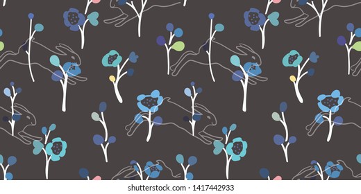 Brown vector repeat pattern with small hand drawn doodle florals and white rabbit. Perfect for paper and textile projects. Surface pattern design.