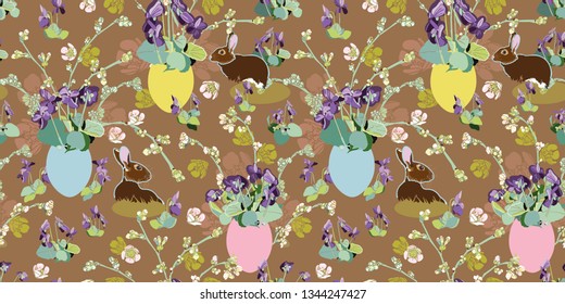 Brown vector repeat pattern with violet, cherry branch, pastel easter egg and bunny. Surface pattern design. Package design.