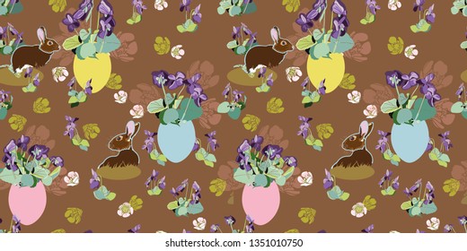 Brown vector repeat pattern with violet, cherry blossom, pastel easter egg and bunny. Surface pattern design. Package design.
