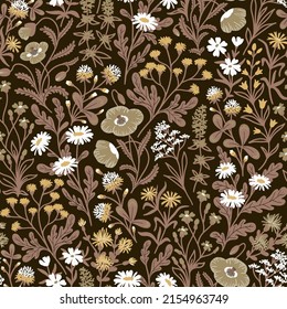 BROWN VECTOR SEAMLESS BACKGROUND WITH A VARIETY OF WILDFLOWERS