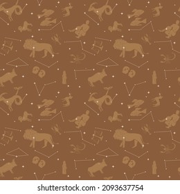 brown vector seamless pattern with Zodiac constellations 