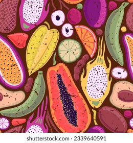 BROWN VECTOR SEAMLESS RETRO BACKGROUND WITH BRIGHT MULTICOLORED TROPICAL FRUITS IN POP ART STYLE