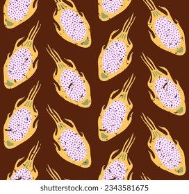 BROWN VECTOR SEAMLESS RETRO BACKGROUND WITH BRIGHT YELLOW DRAGON FRUIT SLICES IN POP ART STYLE