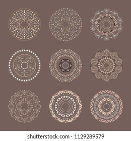 Brown vector set of 9 mandalas in tribal style.