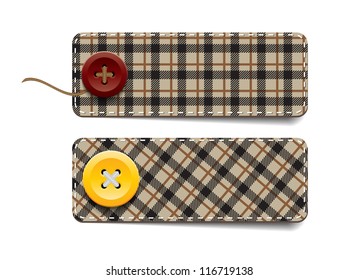 Brown vector tartan fabric textured badges with buttons