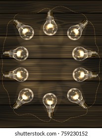Brown vector wooden background with light bulbs. Frame of garland with edison's lamps and place for your text.