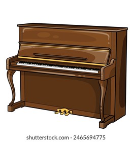brown vertical piano with open keyboard cover, vector, isolated object on white background