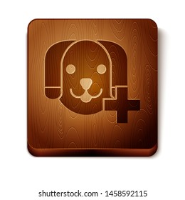 Brown Veterinary clinic symbol icon isolated on white background. Cross with dog veterinary care. Pet First Aid sign. Wooden square button. Vector Illustration