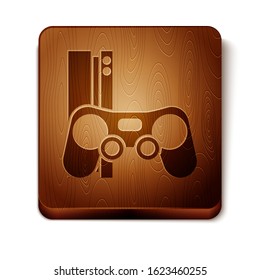 Brown Video game console with joystick icon isolated on white background. Wooden square button. Vector Illustration