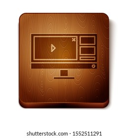 Brown Video recorder or editor software on computer monitor icon isolated on white background. Wooden square button. Vector Illustration