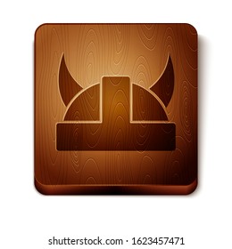 Brown Viking in horned helmet icon isolated on white background. Wooden square button. Vector Illustration